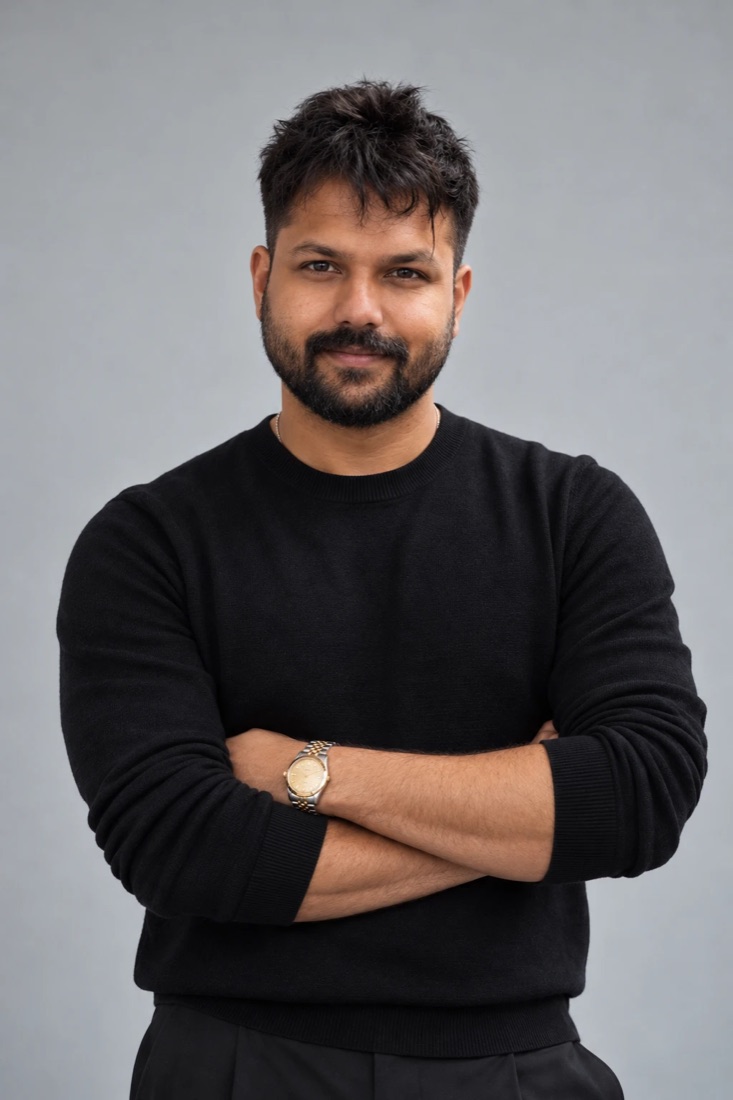 Swagatam Sanyal, founder of GOS, standing with arms folded in a black sweater