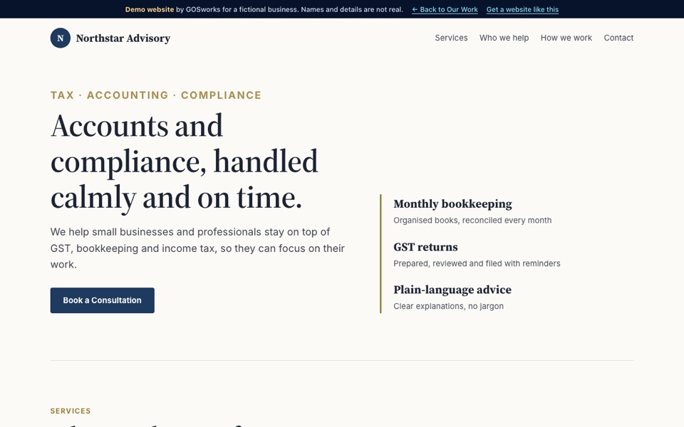 Demo website for a fictional advisory firm, showing services for small businesses
