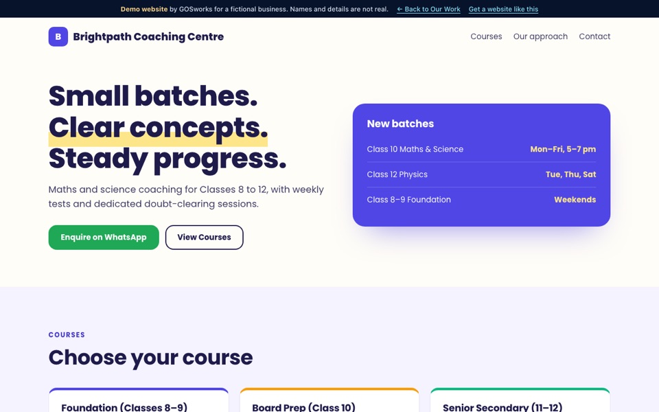 Single-page demo website for a fictional coaching centre, showing courses and batch timings