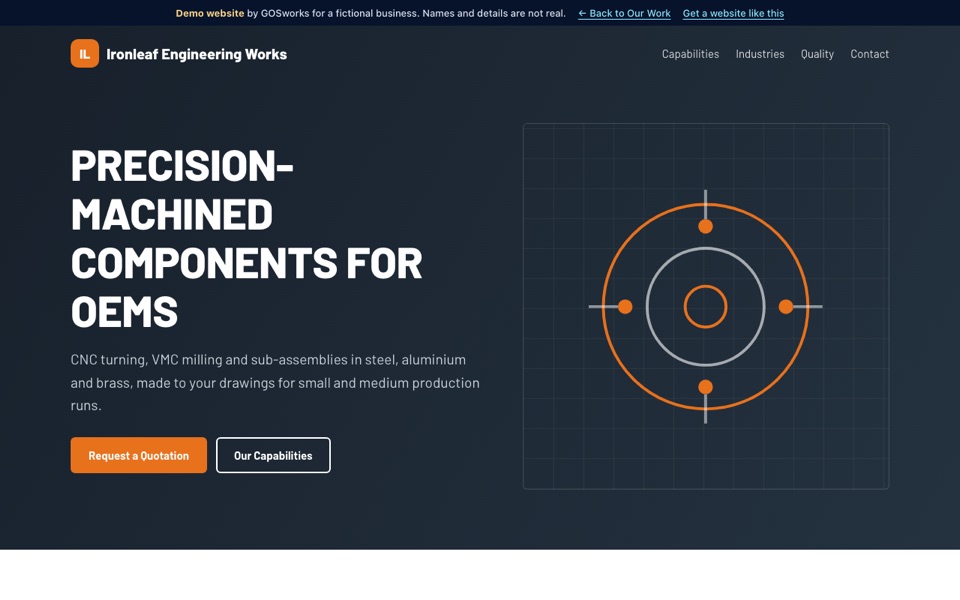 Homepage of a demo website for a fictional precision engineering supplier, showing a product capabilities section