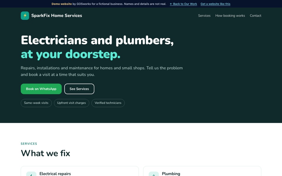 Demo website for a fictional home repair service, showing service categories and a call-back section