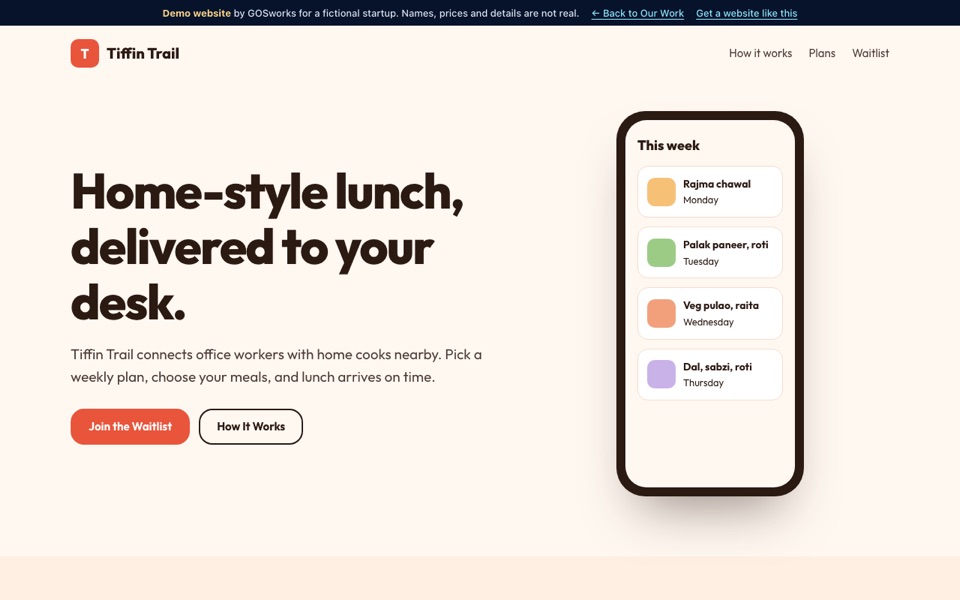 Demo startup landing page for a fictional home-cooked meal subscription app